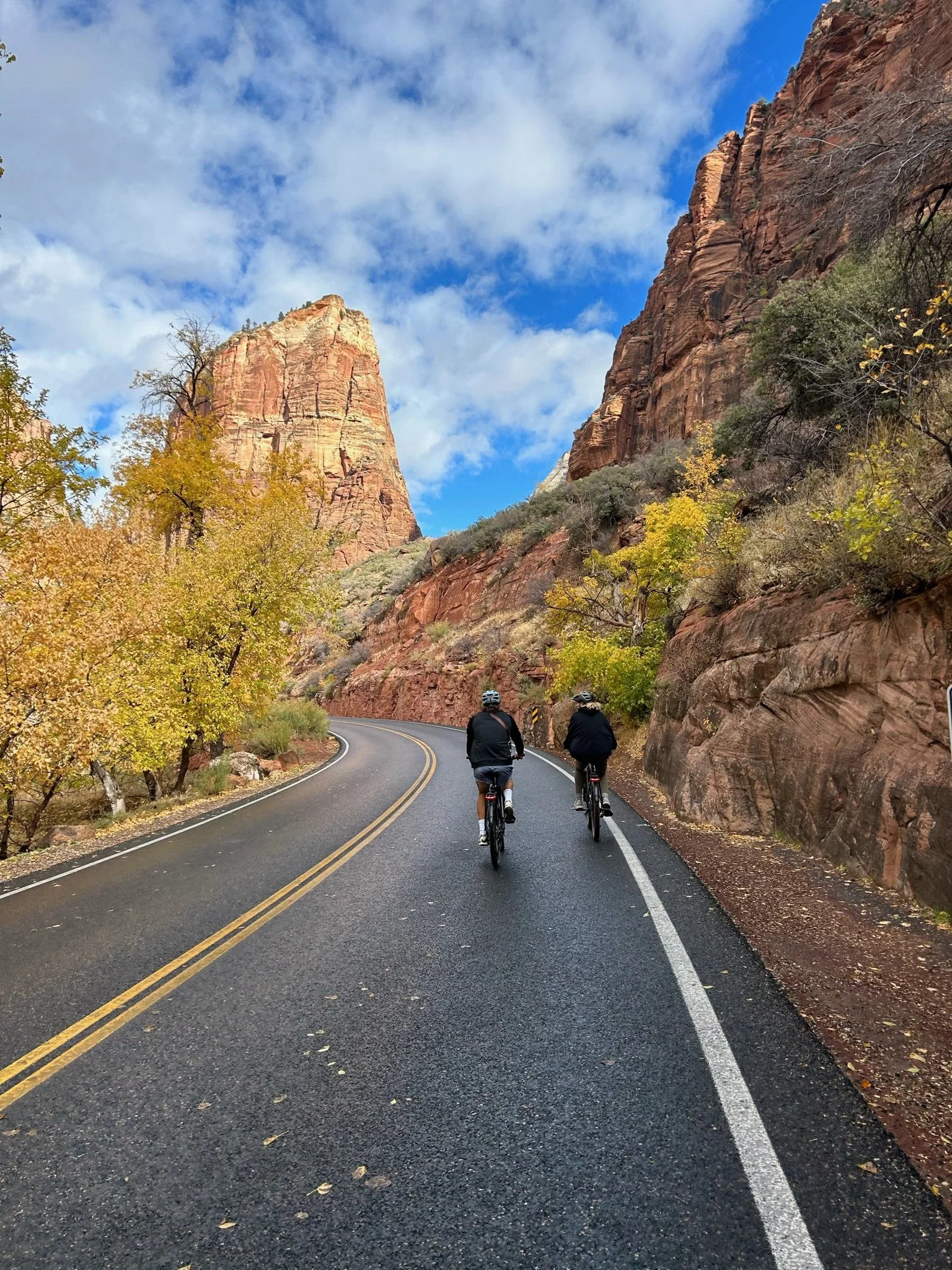 Group of cyclists riding on a scenic mountain road during daylight, surrounded by green trees and rocky hills under cloudy sky.
