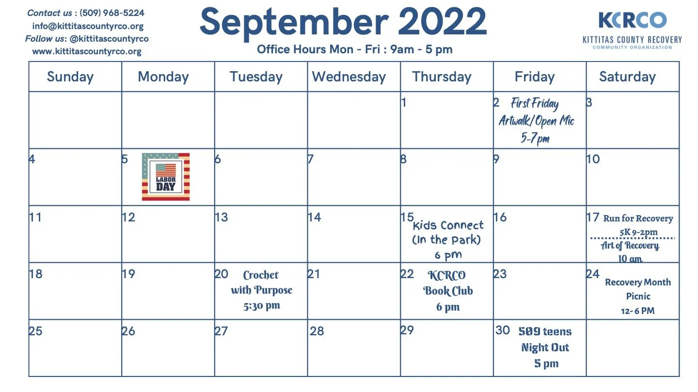 Monthly Calendars — Kittitas County Recovery Community Organization