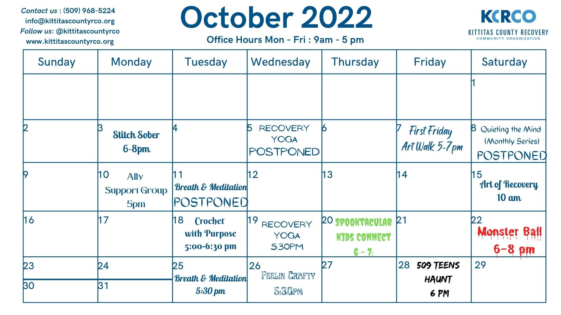 Monthly Calendars — Kittitas County Recovery Community Organization