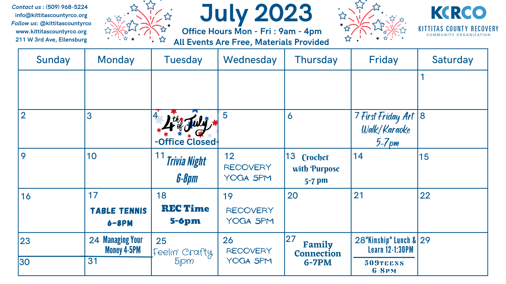 Monthly Calendars — Kittitas County Recovery Community Organization