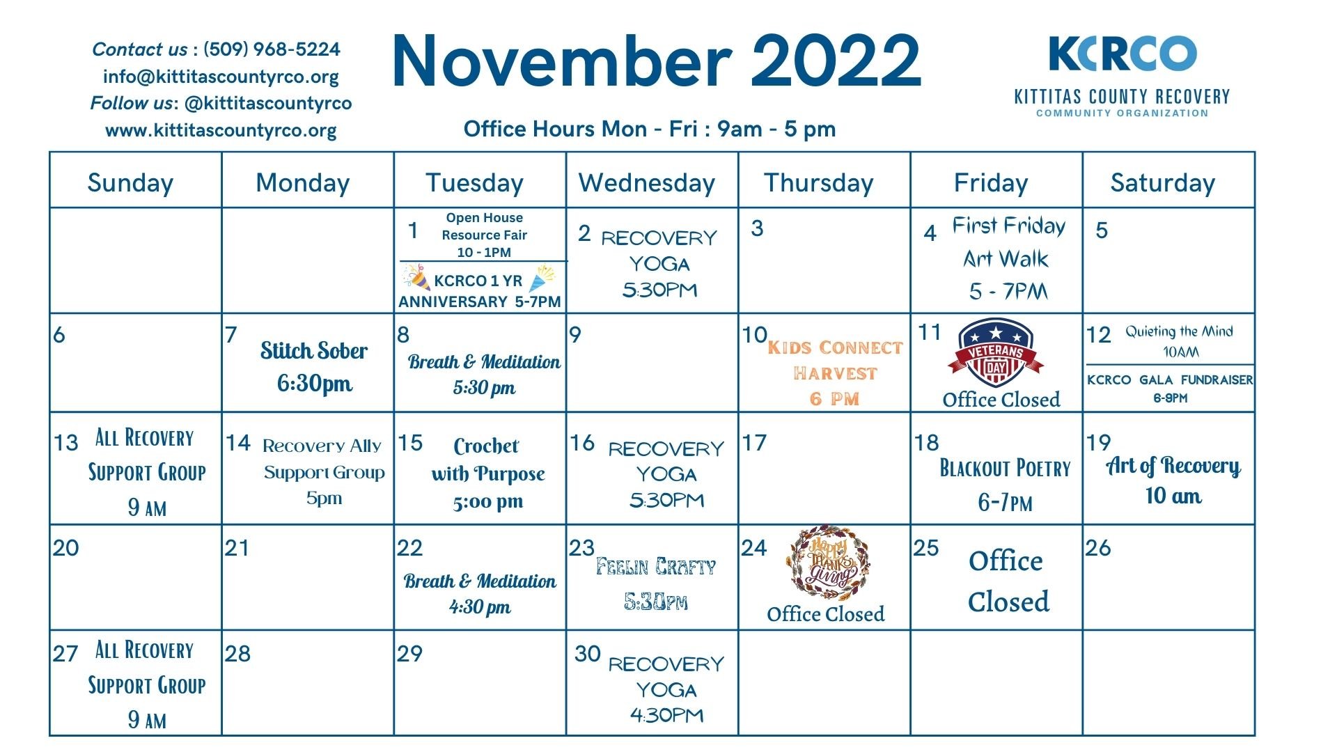 Monthly Calendars — Kittitas County Recovery Community Organization
