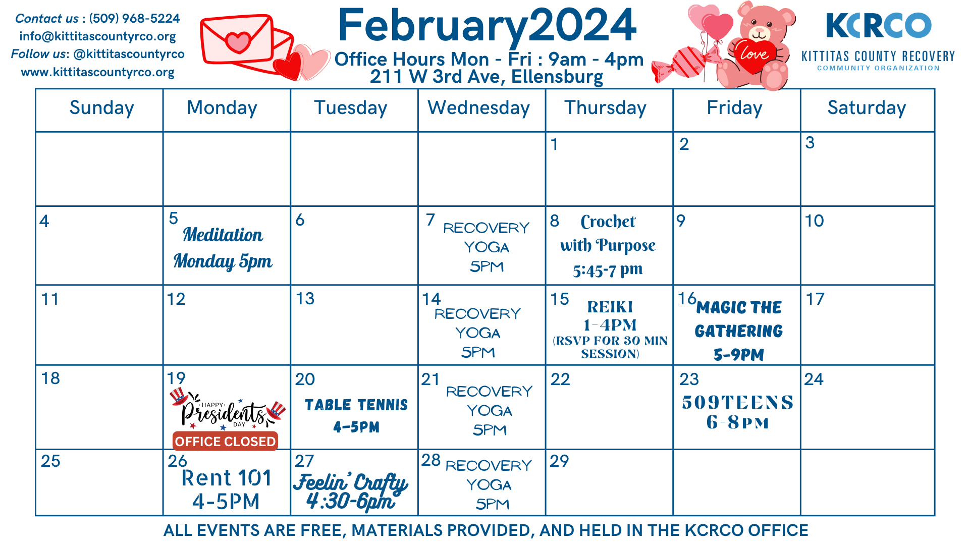 Monthly Calendars — Kittitas County Recovery Community Organization