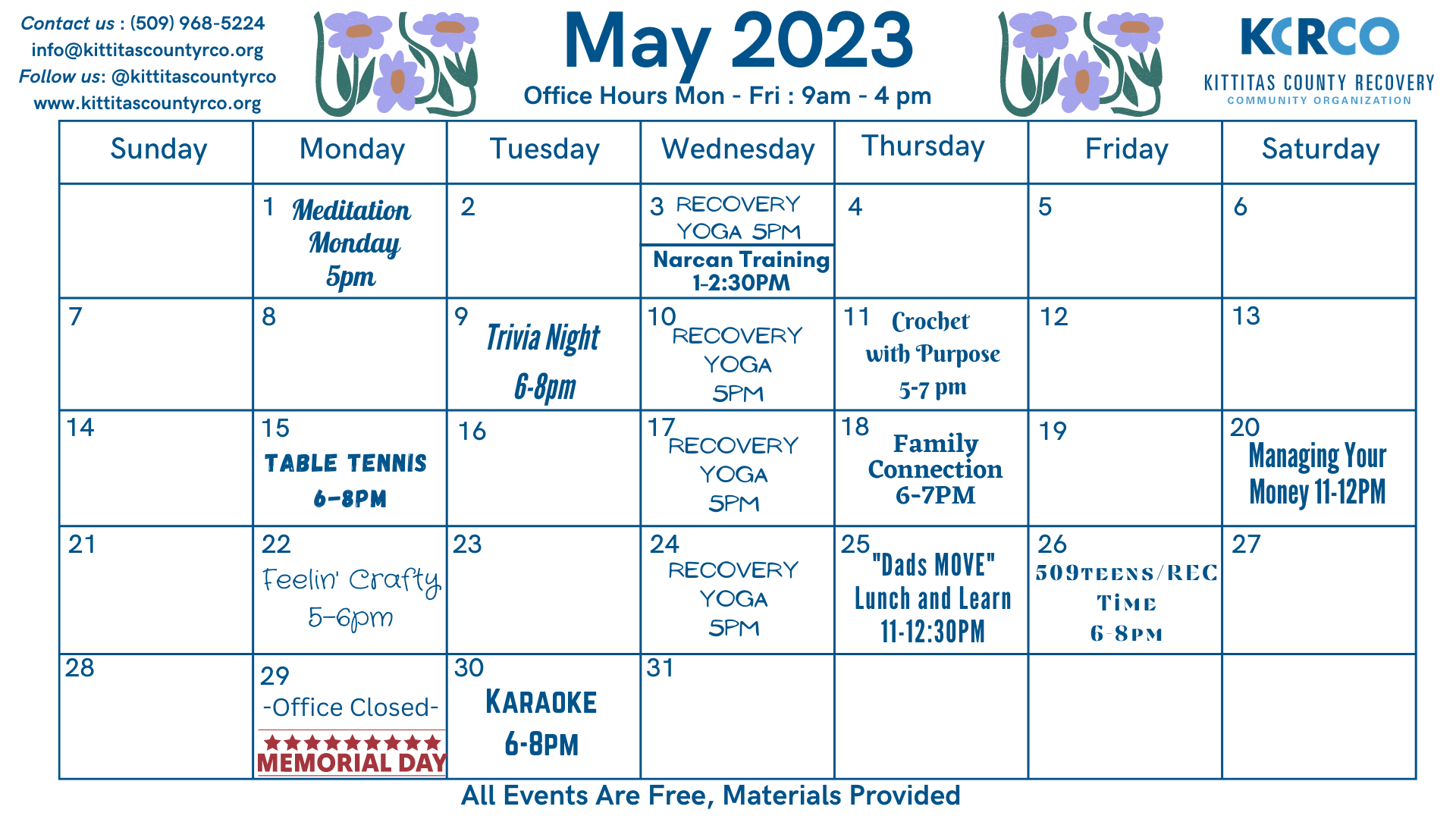Monthly Calendars — Kittitas County Recovery Community Organization