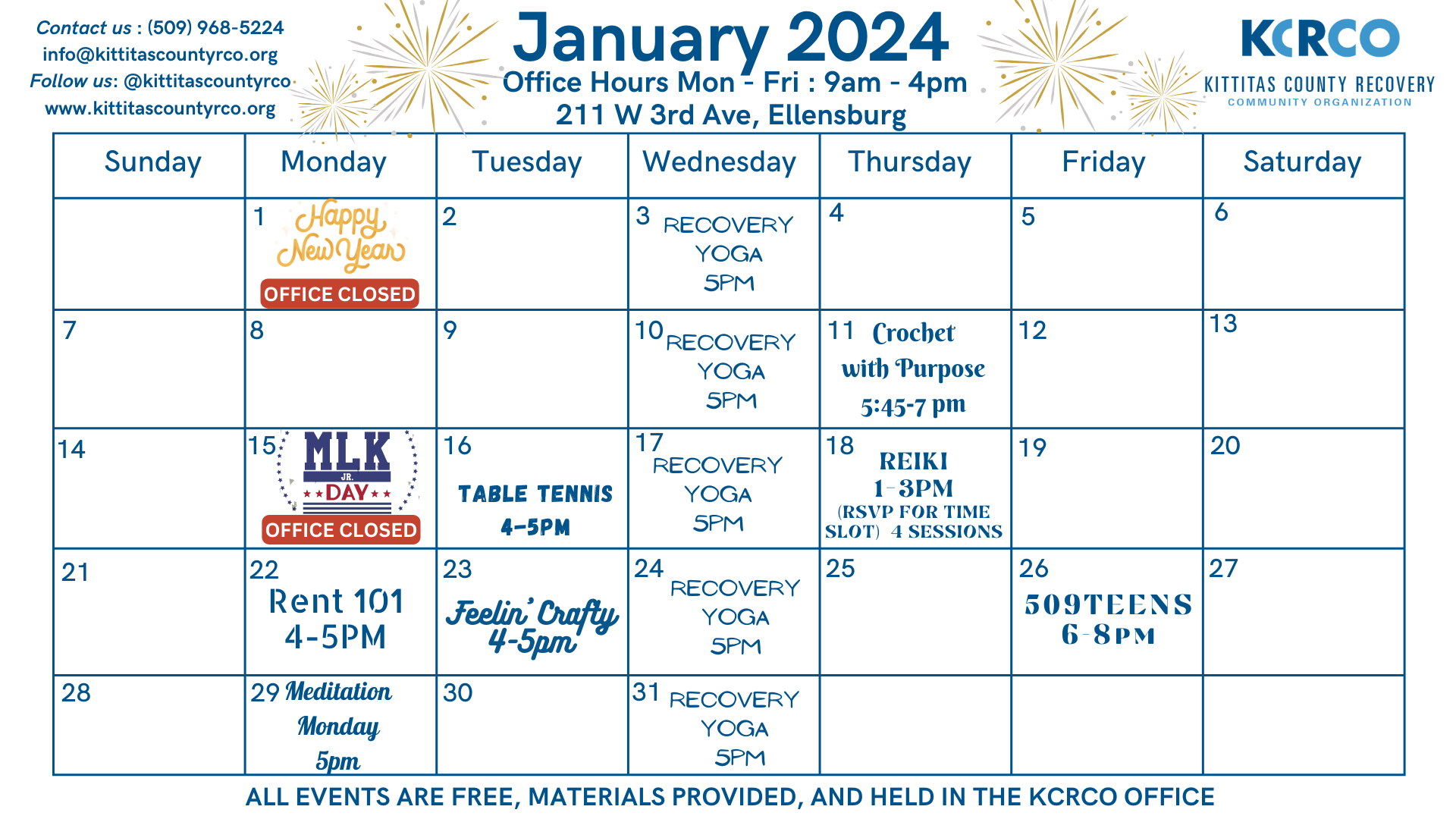 Monthly Calendars — Kittitas County Recovery Community Organization