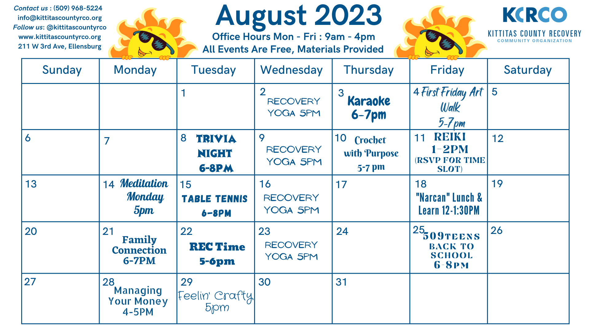 Monthly Calendars — Kittitas County Recovery Community Organization