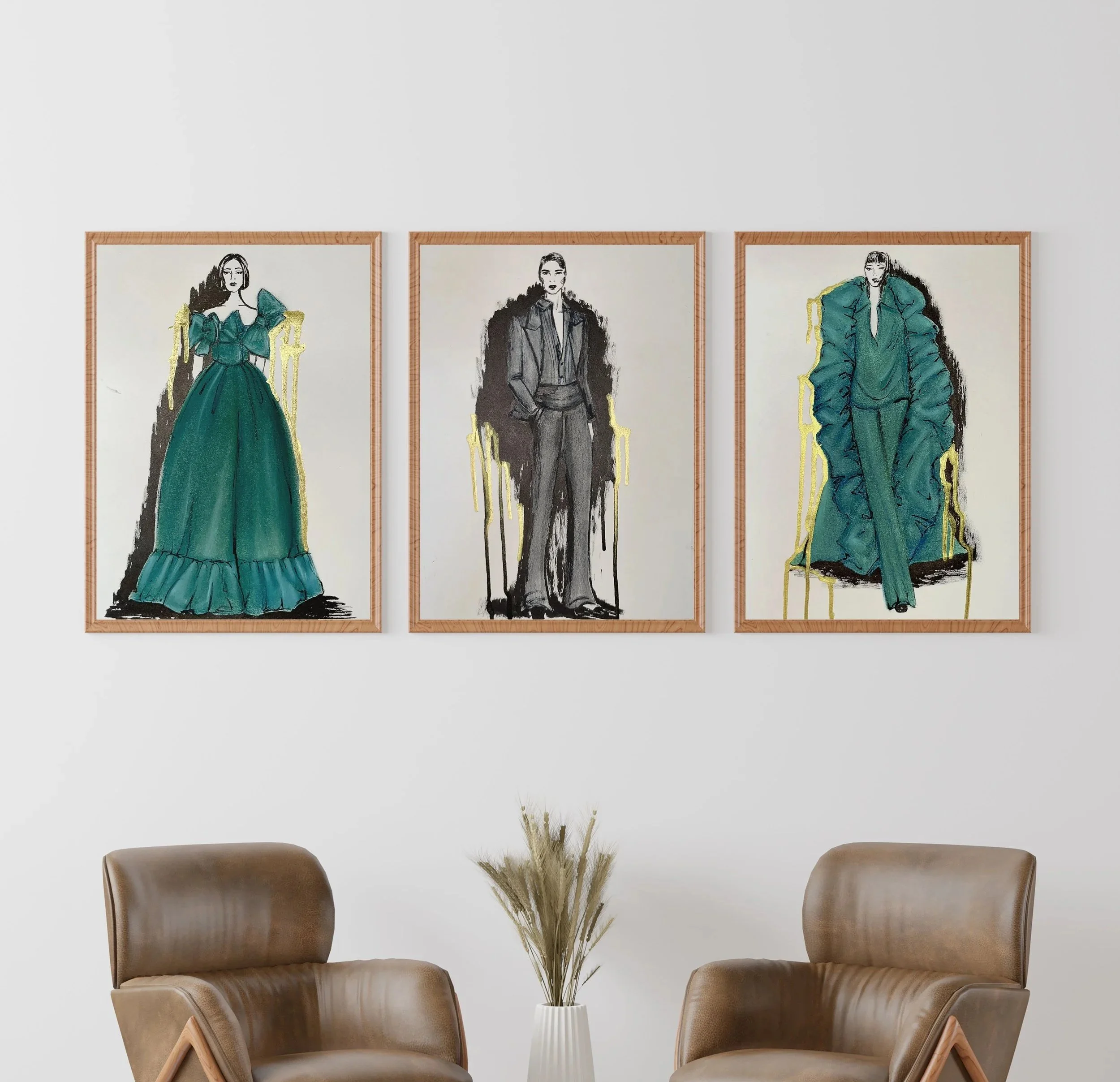 Three Piece chalk pastel, ink, and paint set on paper 11x14in