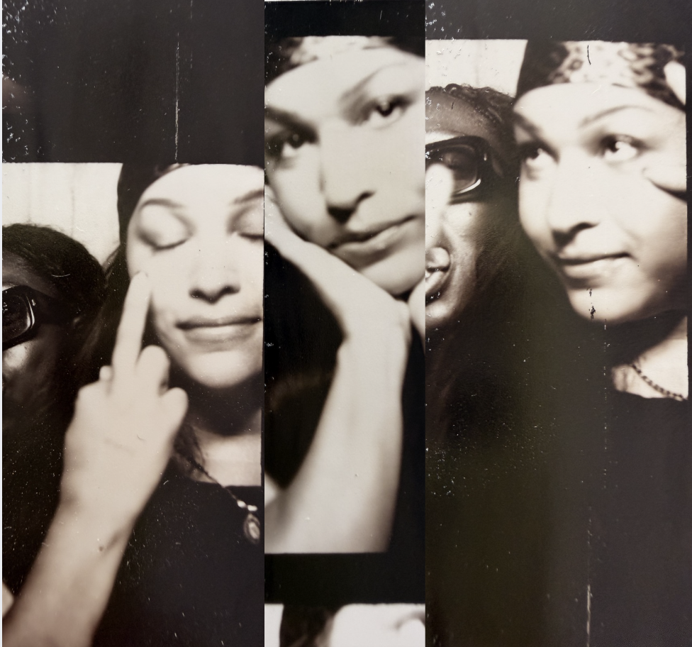 A collage of black and white photographs featuring four women with varying expressions, some wearing glasses, with overlapping images creating a layered effect.