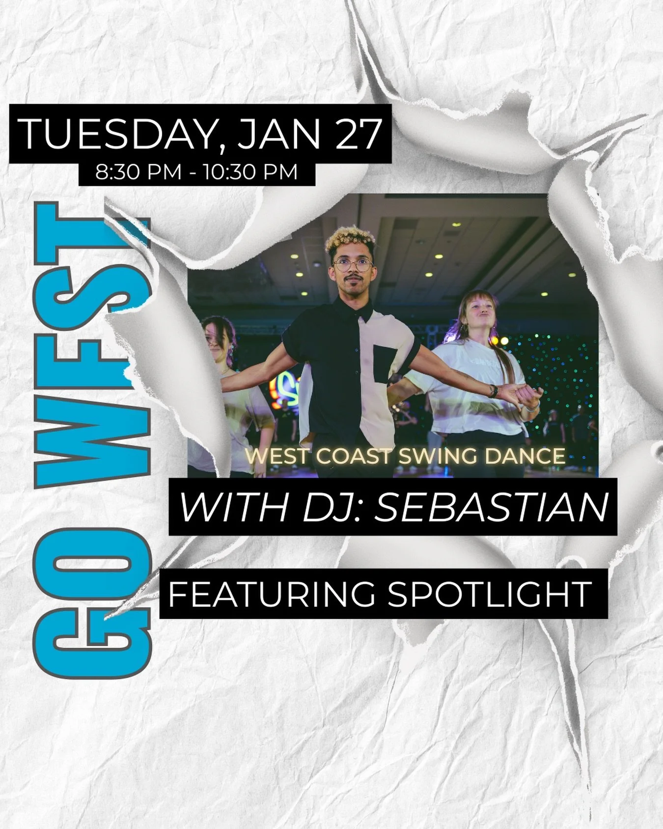 This Tuesday, 1/27 @sq.dance is DJing our weekly Go West social dance! You won&rsquo;t want to miss out on featured spotlights. Visit our website to pre-register. See you on the dance floor! 🪩