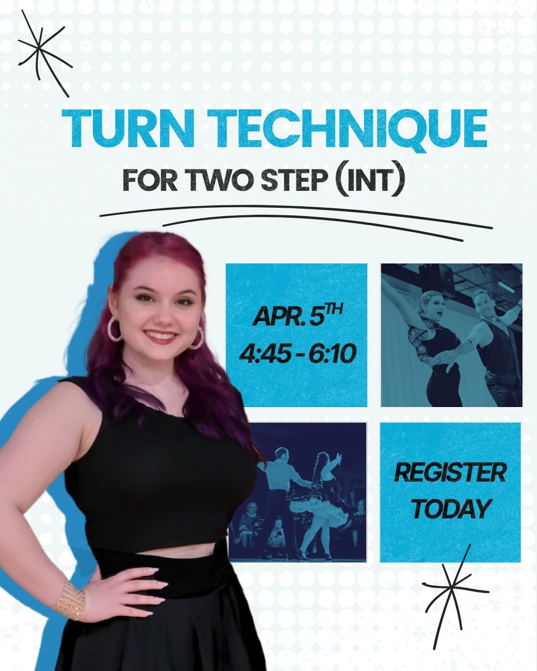 Spin with confidence in our Turn Technique for Two Step workshop!

Start by learning a fun, turn-filled pattern, then break it down with the technique you need to execute clean, controlled, and effortless turns.

✨ Designed for Leaders and Followers 