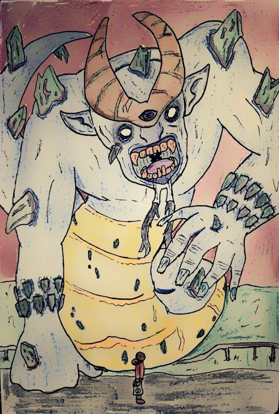 Art by Eric Valad, @trialsofbren.bsky.social A massive green and yellow horned creature with a humanoid upper body and a long serpentine tail menaces a small human. The creature is foul, and its flesh is covered with horn like growths.