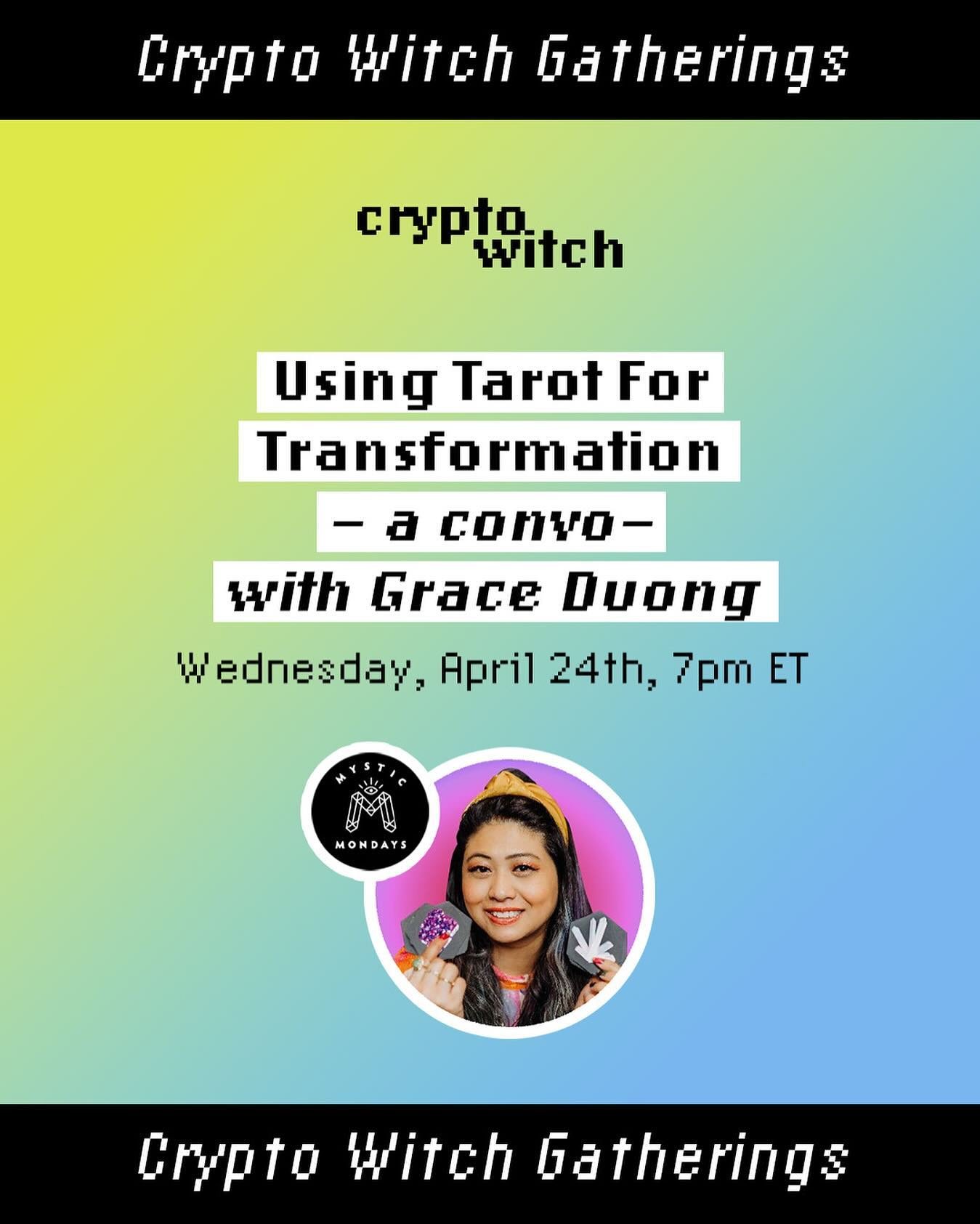 ‼️ Wednesday ‼️ We&rsquo;re chatting with Grace Duong, founder of Mystic Mondays, on how to use Tarot for transformation! 🔮 Grace&rsquo;s work at Mystic Mondays has been featured in Bustle, Vogue, Cosmo, The Strategist, Refinery29, and lots more mor