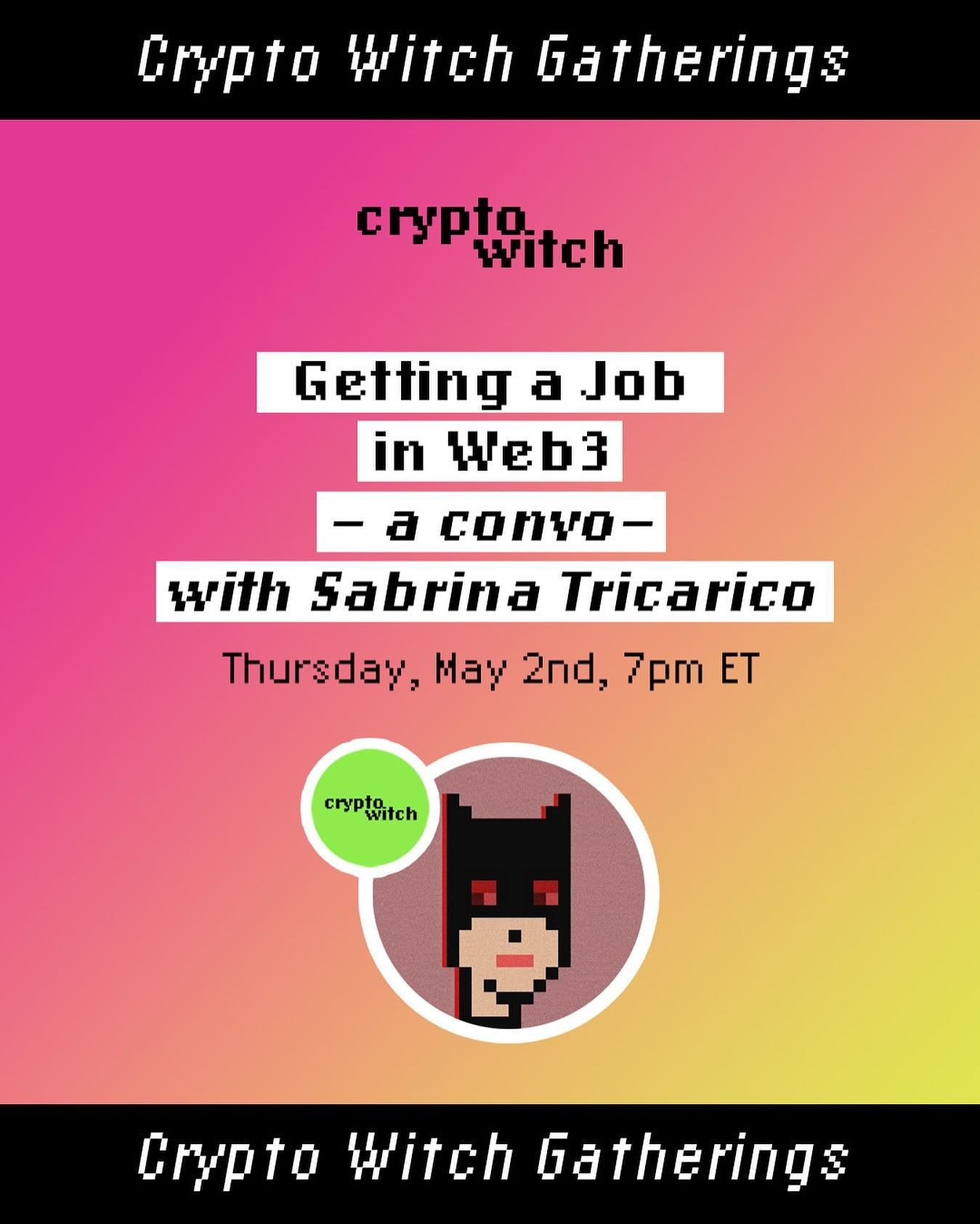 GM witches! 🔮l Looking for a career in Web3? Our upcoming gathering on how to bring your skills to Web3 is happening TOMORROW &mdash; don&rsquo;t miss out! 🫴 We&rsquo;ll be chatting with @sabrinatricarico, Head of Marketing at Figment, on how to fi