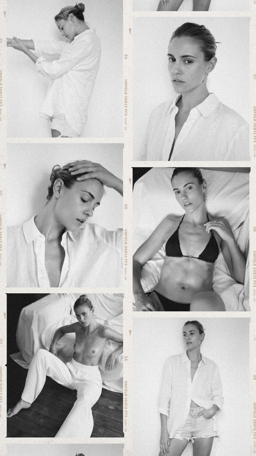 Collage of black-and-white photos of a woman in various poses, including sitting, lying in bed, and standing, wearing casual and minimal clothing.