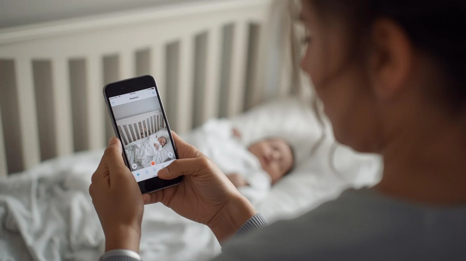 Parent using smart baby monitor app in a modern home