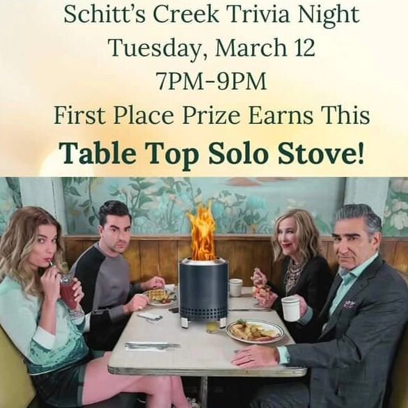 It's Tuesday Trivia Night! Grab a sitter for your b&eacute;b&eacute;s and come join us tonight for Schitts Creek Trivia at 7 pm!! 

Let's see how well you can fold in the cheese while testing your knowledge of Rose Apothecary, the Jazzgals, the town 