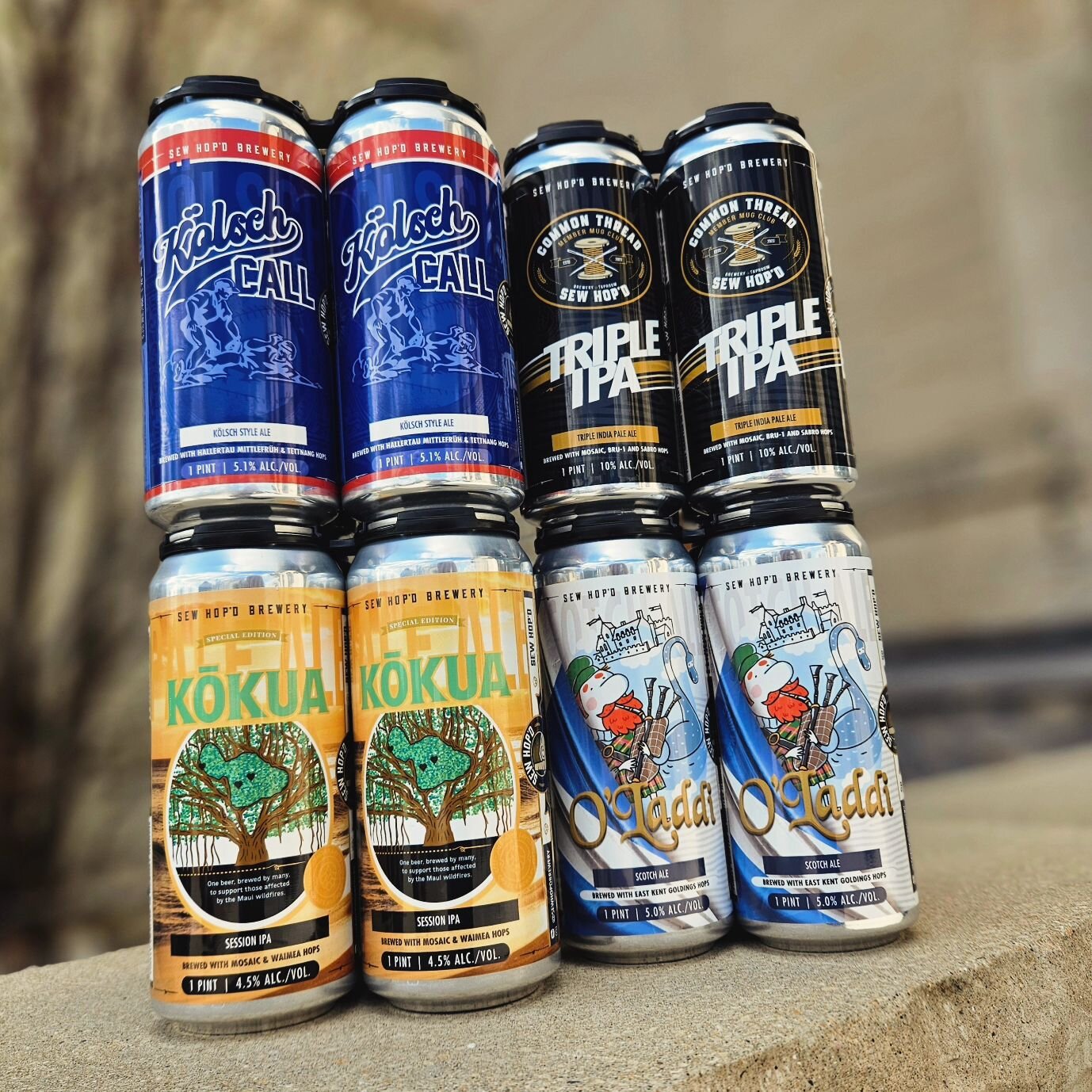 🚨 $10 4-pk SPECIAL! 🚨
Come stock up! 
-K&ouml;lsch Call 
-Kōkua Session IPA 
-Common Thread Triple IPA 
-O'Laddi Scotch Ale 

The orange food truck returns to Sew Hop&rsquo;d tonight! @stixandnoodles will be pulling up to the taproom from 4:30-7:30