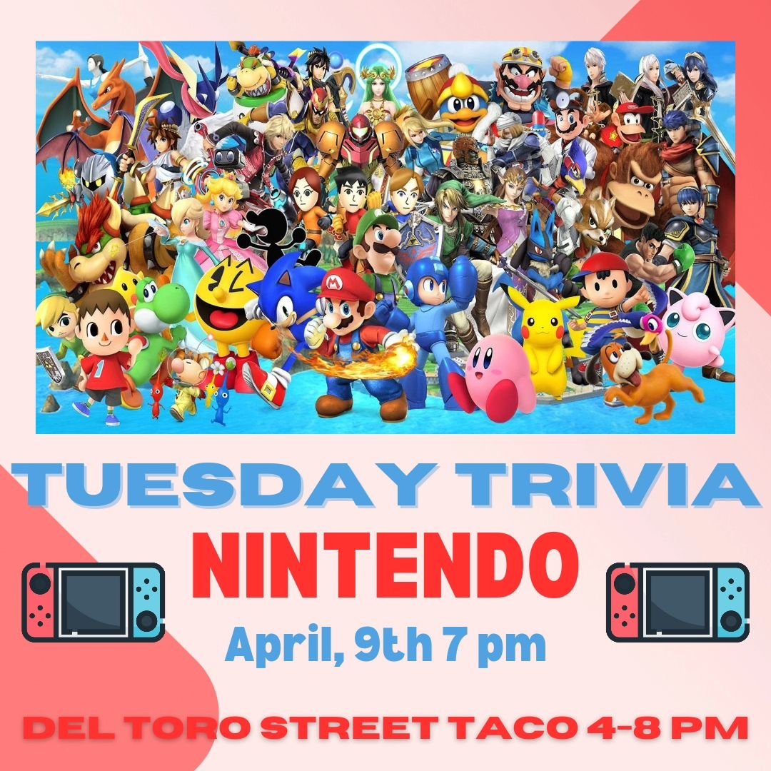 🎮It's Trivia Time, Nintendo Lovers! 🎮 

Let's dive into the world of Nintendo for Tuesday Trivia Night! 🍄 Whether you're a Mario maestro, a Zelda zealot, or a Pok&eacute;-pro, it's your time to shine and show off your Nintendo knowledge! 

And to 