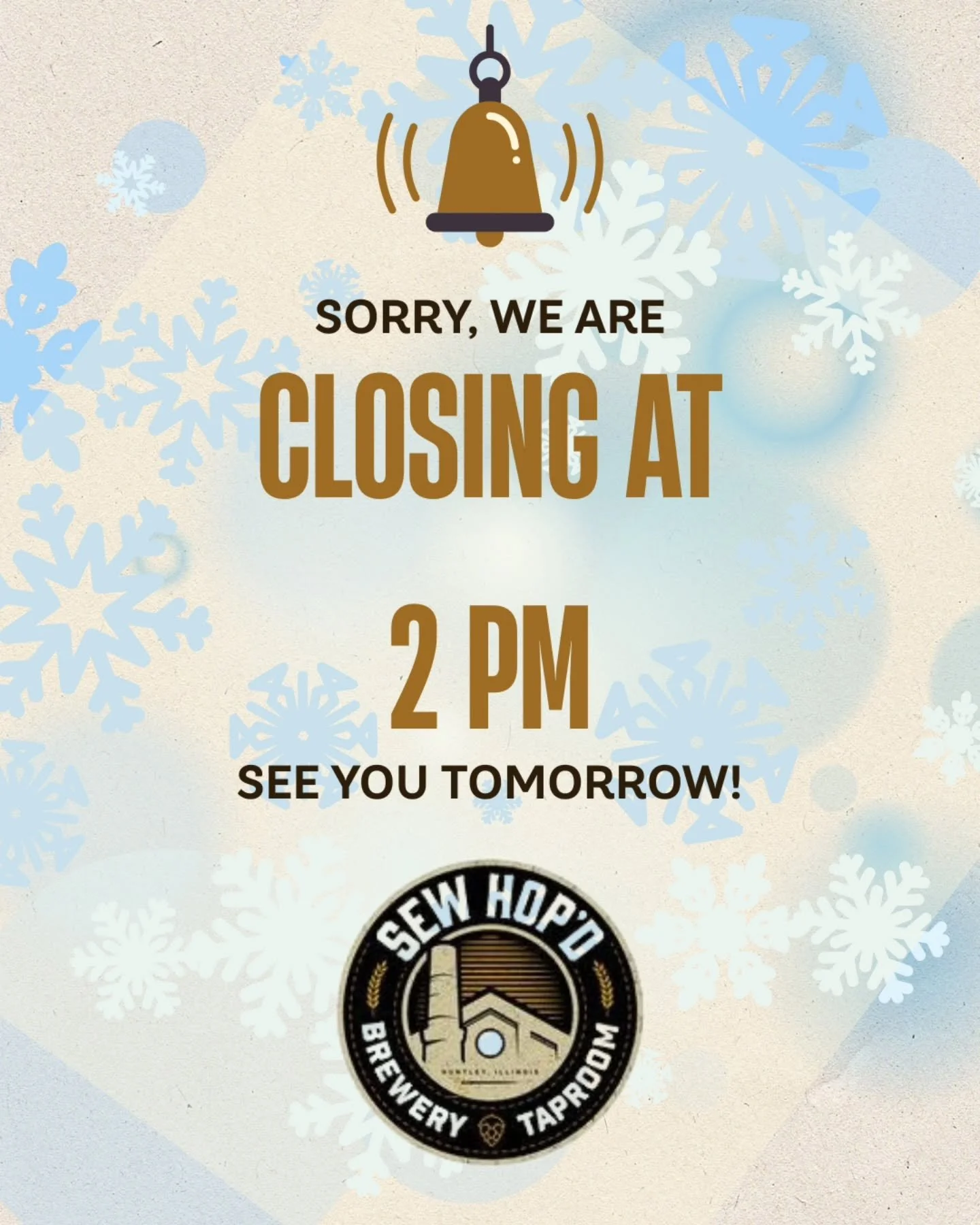 Alright folks&hellip; we&rsquo;re calling it. ❄️
The snow situation isn&rsquo;t looking any better, and to keep our staff and all of you safe, we&rsquo;ll be closing at 2 pm today.

Beth will still be opening at noon for any last-minute beer runs or 
