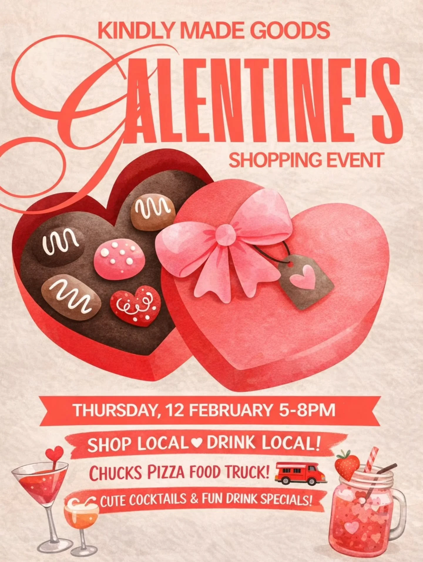 Sweet things are coming your way! 🩷 Mark those calendars because the @kindlymadegoods Galentine&rsquo;s Shopping Event is happening Thursday, February 12th from 5&ndash;8 pm. Shop local, sip local, and find the perfect gifts for your Valentine, your