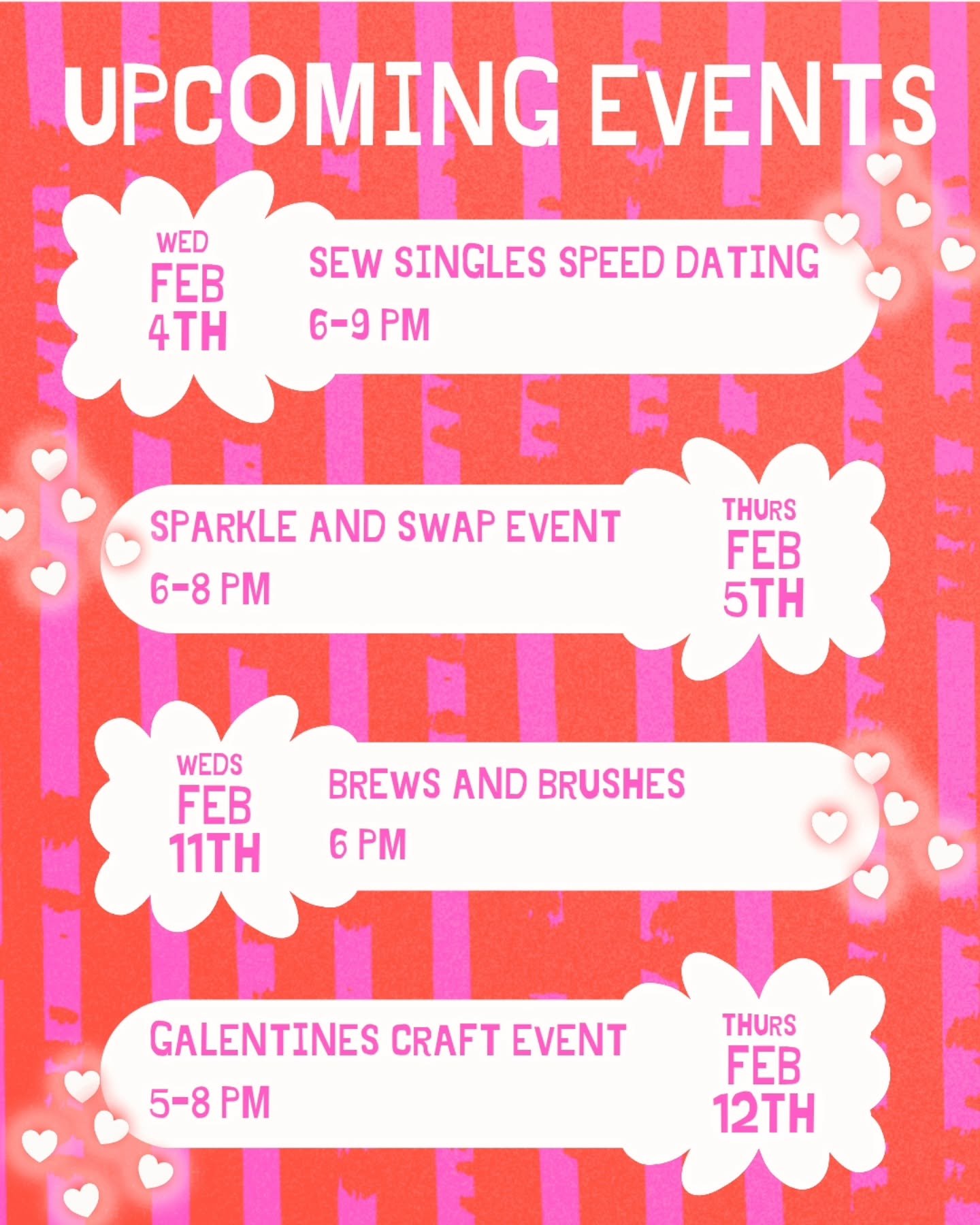 Mark your calendars!! 🗓 We have some great events coming in February! 🩷❤️

***For more info and to register head to our Sew Hop'd Facebook events page!! 
.
.
.
.
#february #speeddating #findlove #dating #bookswap #bookevent #bemine #girlsnight #gal