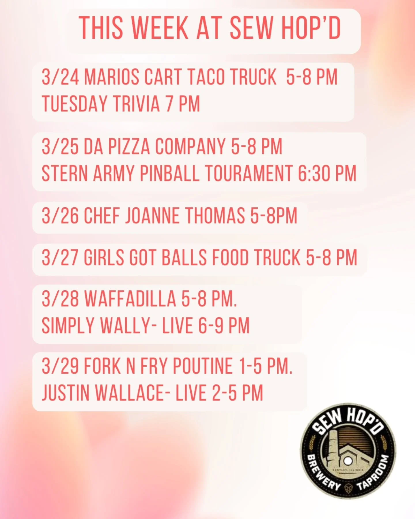 This Week at Sew Hop&rsquo;d 

3/24 @marioscart17 5-8 
Tuesday Trivia 7 pm 

3/25 @dapizzacompany 5-8 pm 
Stern Army Pinball Tournament 6:30 pm 

3/26 @chefjoannethomas 5-8 pm 

3/27 @girls_got_balls 5-8 pm 

3/28 @waffadilla 5-8 pm
Simply Wally 6-9 