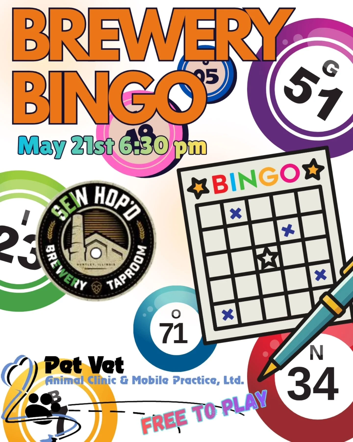 THURSDAY = BREWERY BINGO NIGHT
Join us tonight for Brewery Bingo kicking off at 6:30 pm!&nbsp; Huge thanks to this week&rsquo;s sponsor, @petvet.huntley , for bringing some awesome prizes for all you pet lovers out there. 🐾 

🍕 @chucks_wood_fired_p