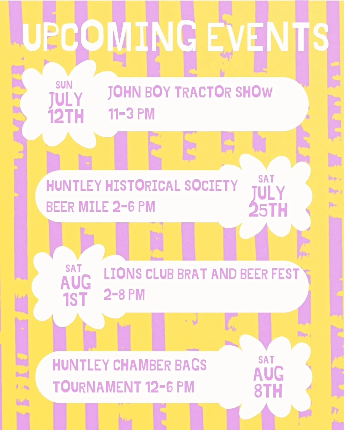 Big things are brewing this summer!☀️
Mark your calendars for some of our favorite events!!

🚜 John Boy Tractor Show &ndash; July 12
🏃 Huntley Historical Society Beer Mile &ndash; July 25
🌭 Lions Club Brat &amp; Beer Fest &ndash; August 1
🎯 Huntl