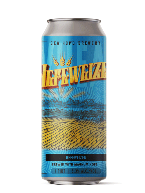 A can of Heffeweizen beer by Sew Hop'd Brewery with a blue label featuring a wheat design and a scenic landscape, 1 pint, 5.3% alcohol.