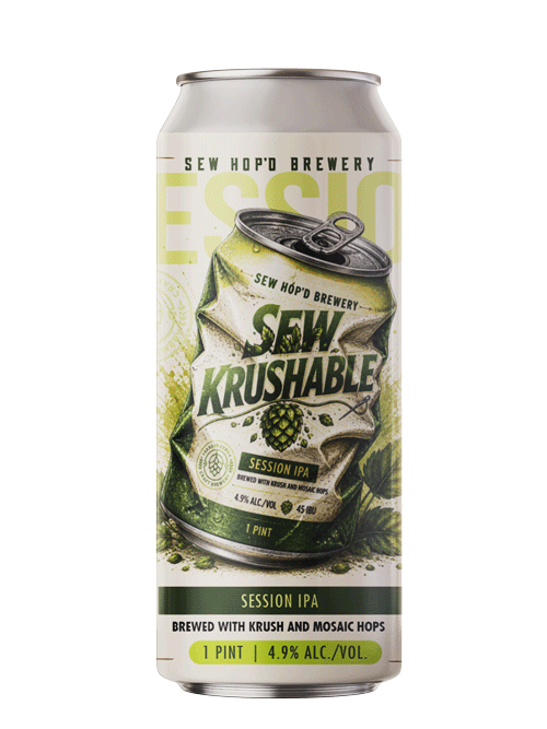 A can of Sew Hop'd Brewery Punch Press Pale Ale, brewed with mosaic and amarillo hops, with a green drippy design and an image of a hop plant.