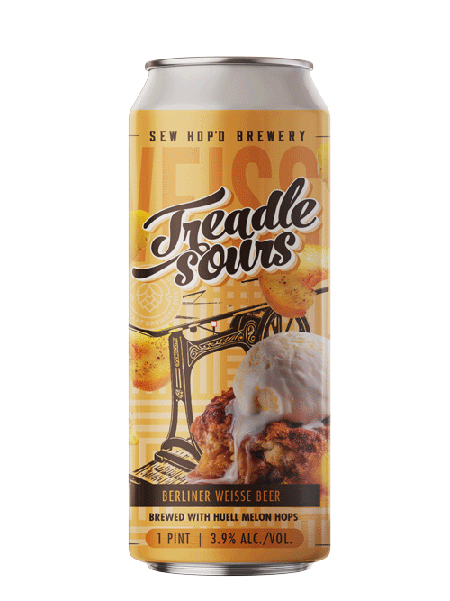 A green can of Treadle Sours Key Lime Pie Berliner Weisse beer with illustrations of key limes and a vintage sewing machine.