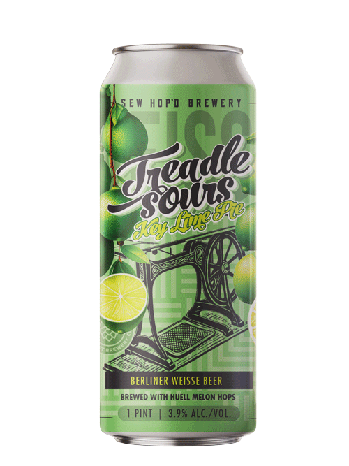 A green can of Treadle Sours Key Lime Pie Berliner Weisse beer with illustrations of key limes and a vintage sewing machine.