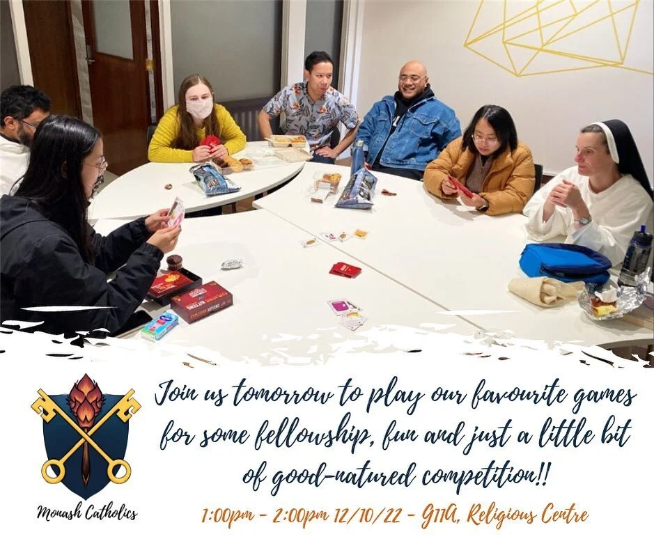 Hey everyone

The Human Person series by Sr Mary Helen has concluded so for the next two weeks we'll just be relaxing and enjoying some games in place of our usual Wednesday talks. 

Looking forward to seeing you all tomorrow!