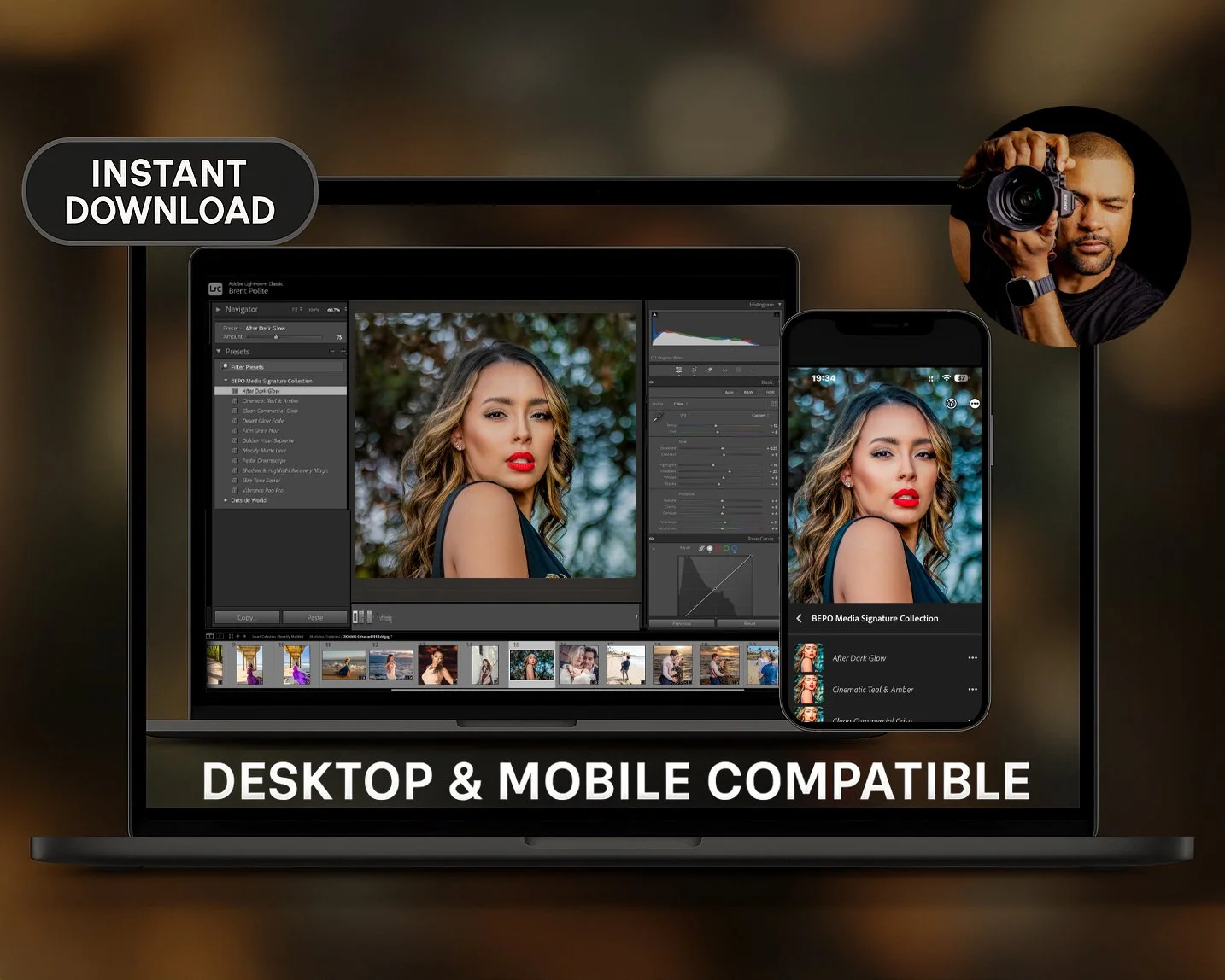 Lightroom desktop & mobile preset mockup showing before/after overlays