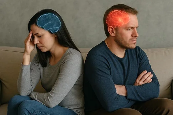 couple sitting back to back one with dlpfc red and mad and the other in shutdown blue