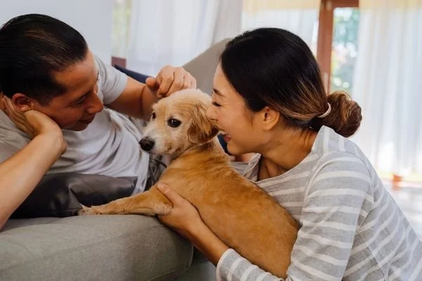A young couple relaxing at home with their dog.