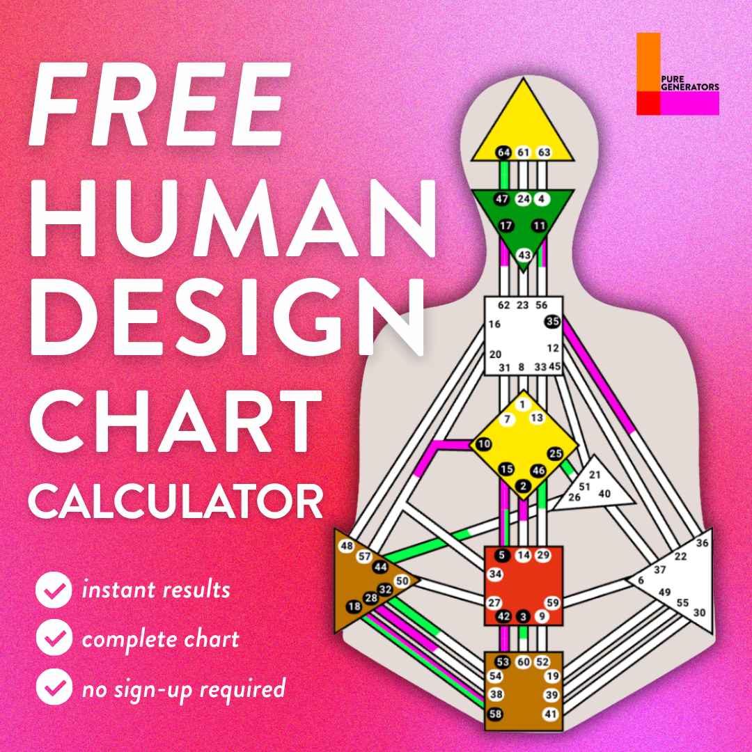Free Human Design chart calculator showing a sample BodyGraph chart with instant results and no sign-up required.