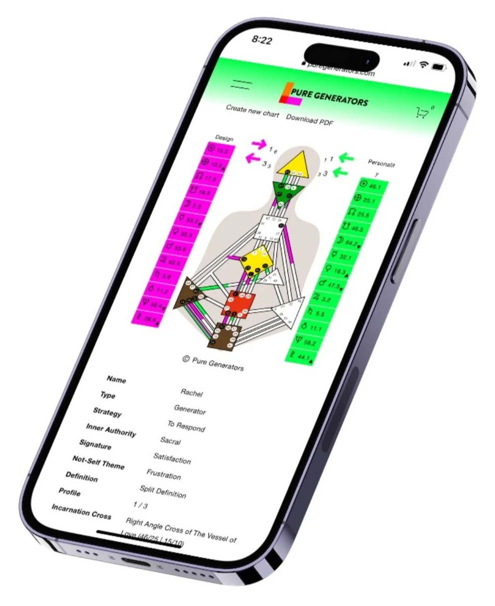 A smartphone displaying a colorful chart designed as a human body diagram, with labeled sections in pink and green, and text related to numerology or personality analysis.
