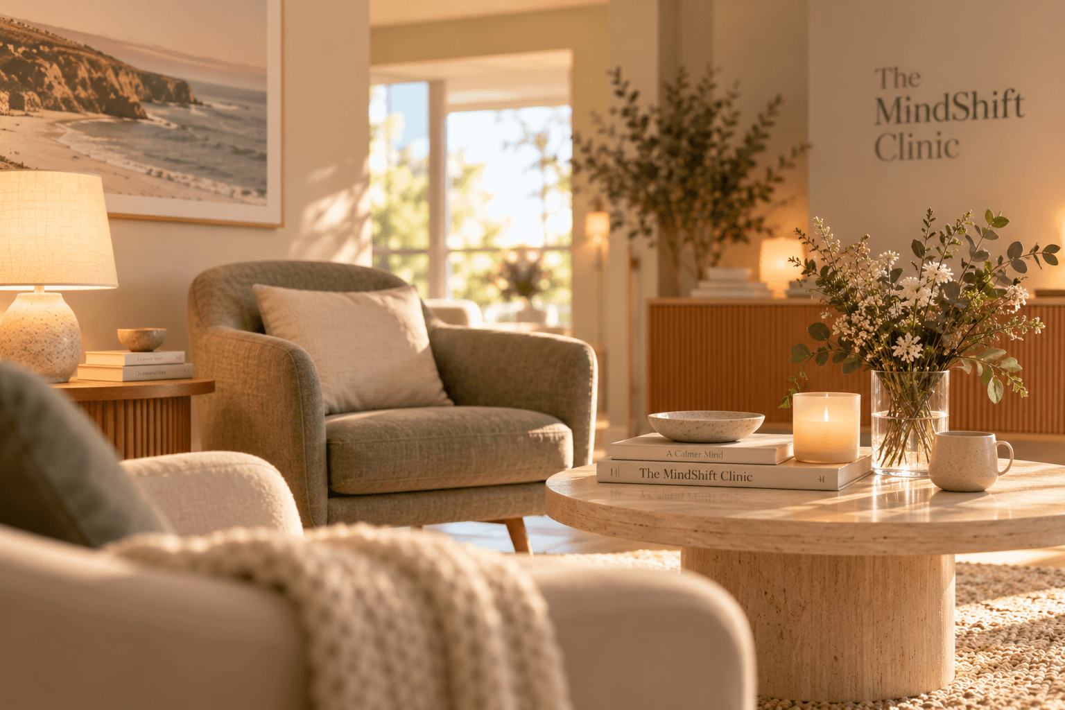 Calm and comfortable hypnotherapy environment at The MindShift Clinic on Sydney’s Northern Beaches