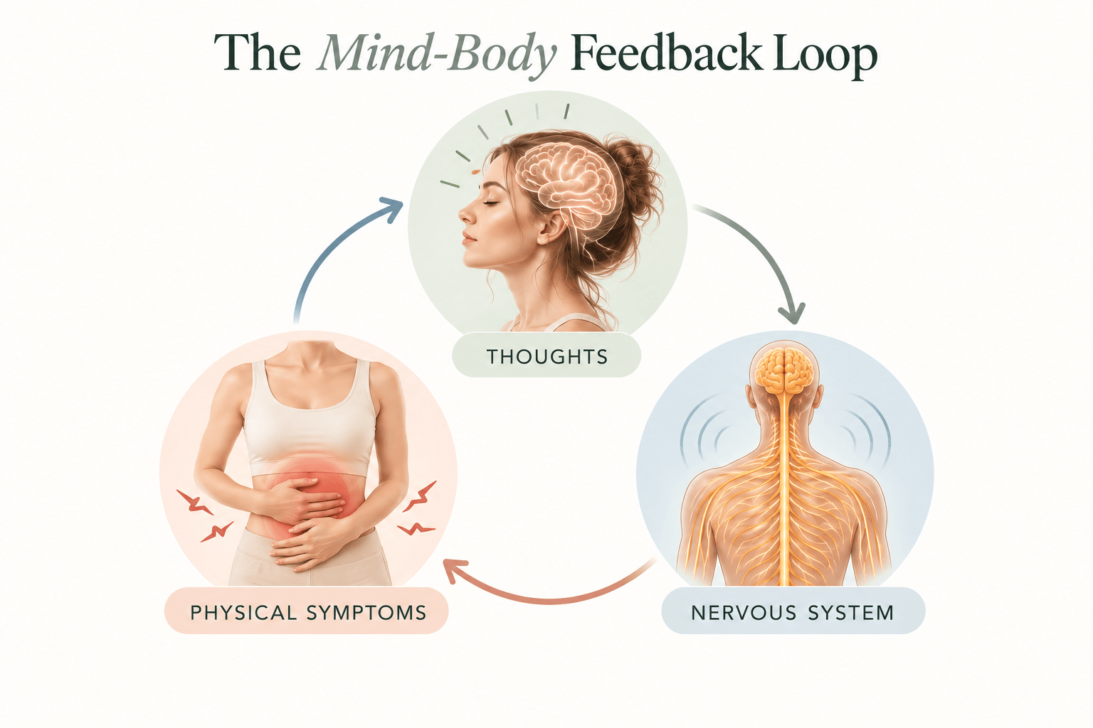 Mind-body connection diagram showing the link between thoughts nervous system responses and physical symptoms