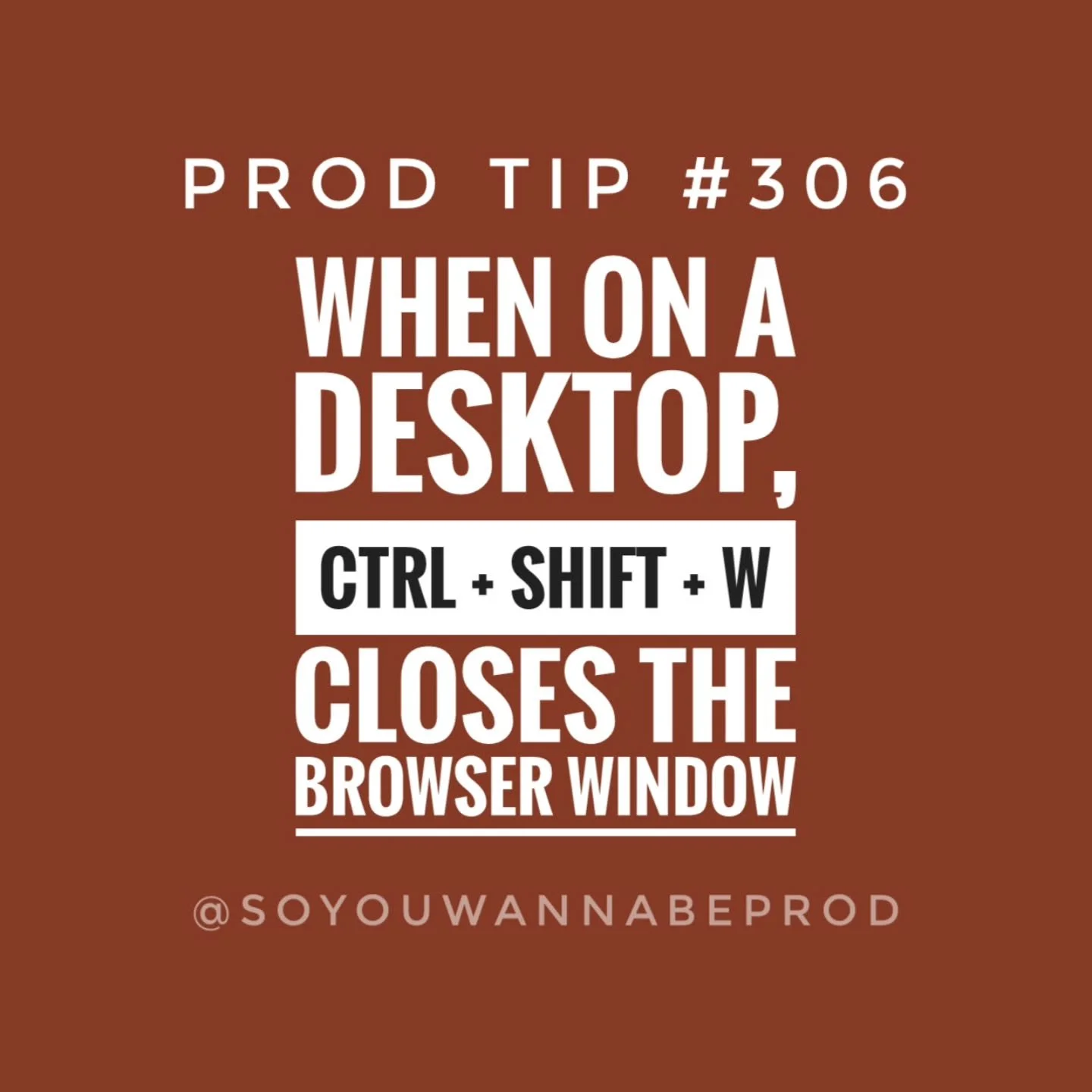 Prod Tip 306: When on a desktop, CTRL + SHIFT + W closes the browser wkndow. // Found this by accident π Handy when you don't need all those tabs open anymore.
.
.
.
.
.
#hotkeys