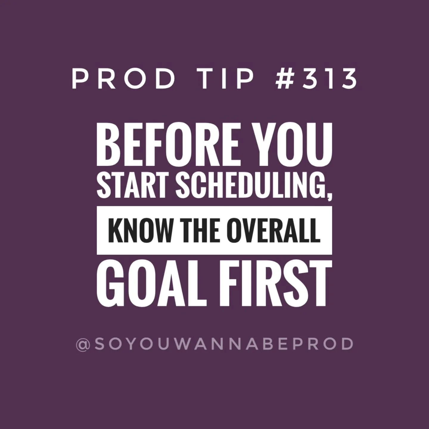 Prod Tip # 313: Before you start scheduling tasks, know the overall goal of the project first. // Start with the overview/overall goal first before getting into the nitty gritty. There&rsquo;s little sense in losing hours in the details only to find 