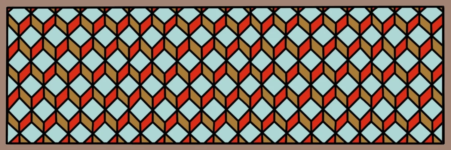 A geometric pattern with cubes in red, yellow, light blue, and black outlines, arranged in a repeating tessellation.