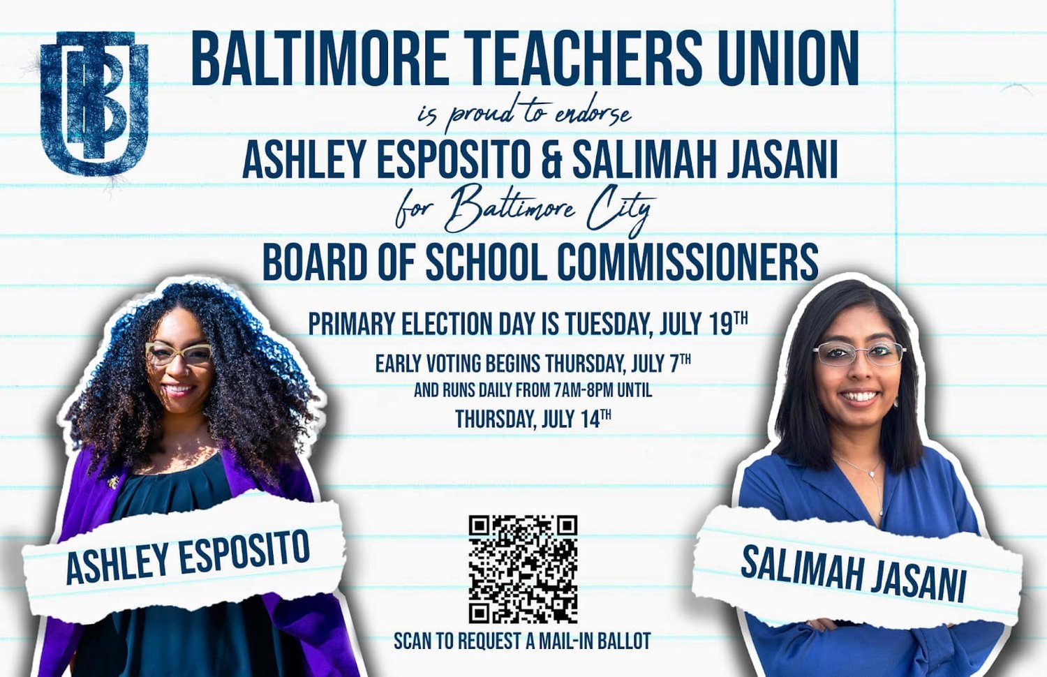 The Baltimore Teachers Union (BTU) has endorsed Ashley Esposito &amp; Salimah Jasani for Baltimore City Board of School Commissioners! 