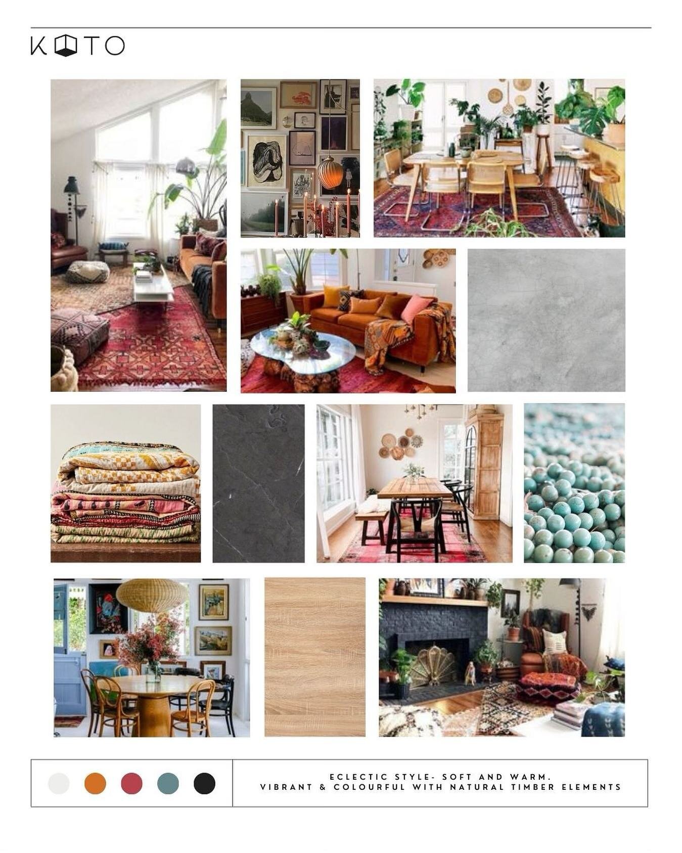 MOOD BOARD - Eclectic Warmth with a relaxing vibe ✨
 
The feel lighthearted, creative, and playful with a nod of nostalgia. 

Vibrant &amp; colourful with natural timber, timber,  wicker  and plants

Using a prominently neutral colour base with vibra