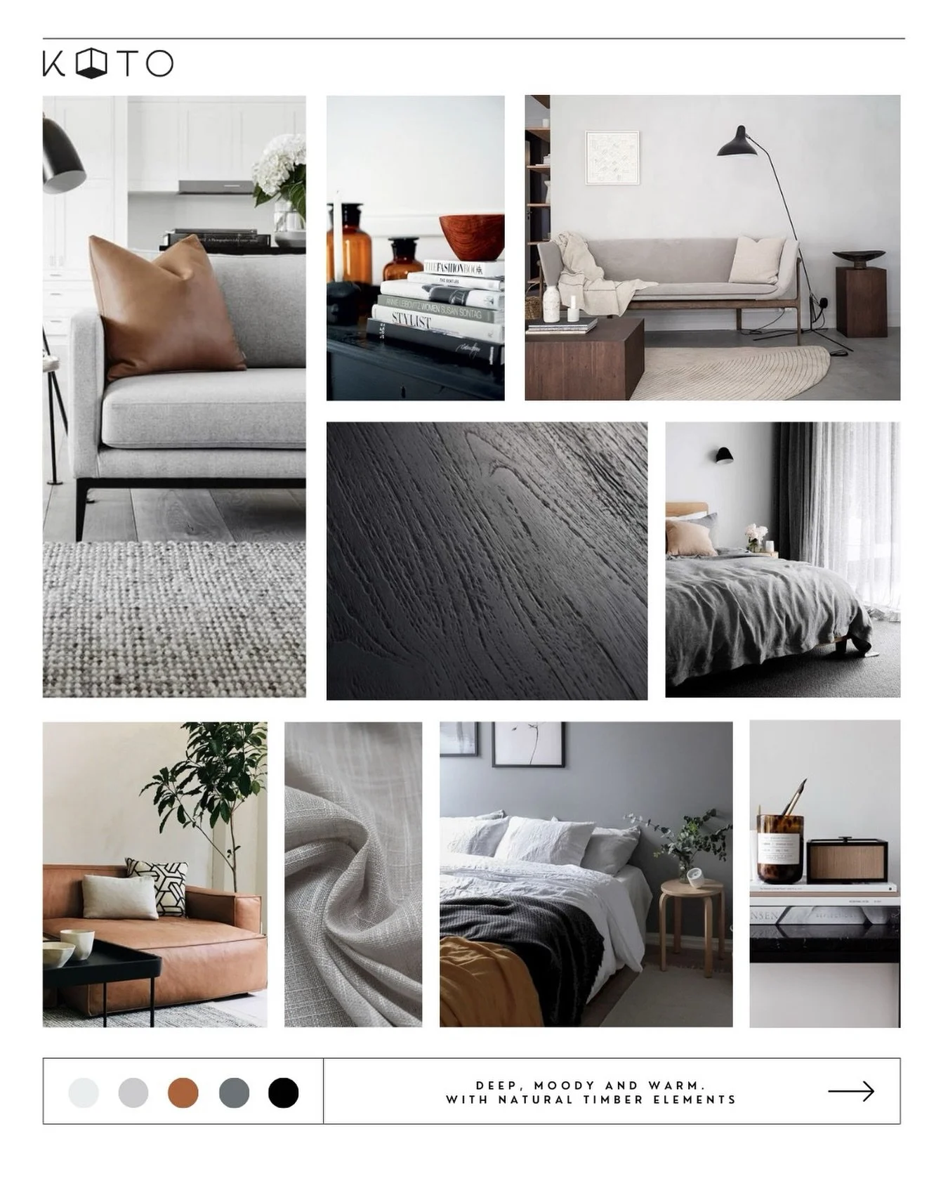 A darker palette works best when the materials carry the warmth.

Charcoal, slate and black bring depth, but without natural elements the room can quickly feel flat or heavy. Timber, leather and woven textiles help rebalance the space and introduce v