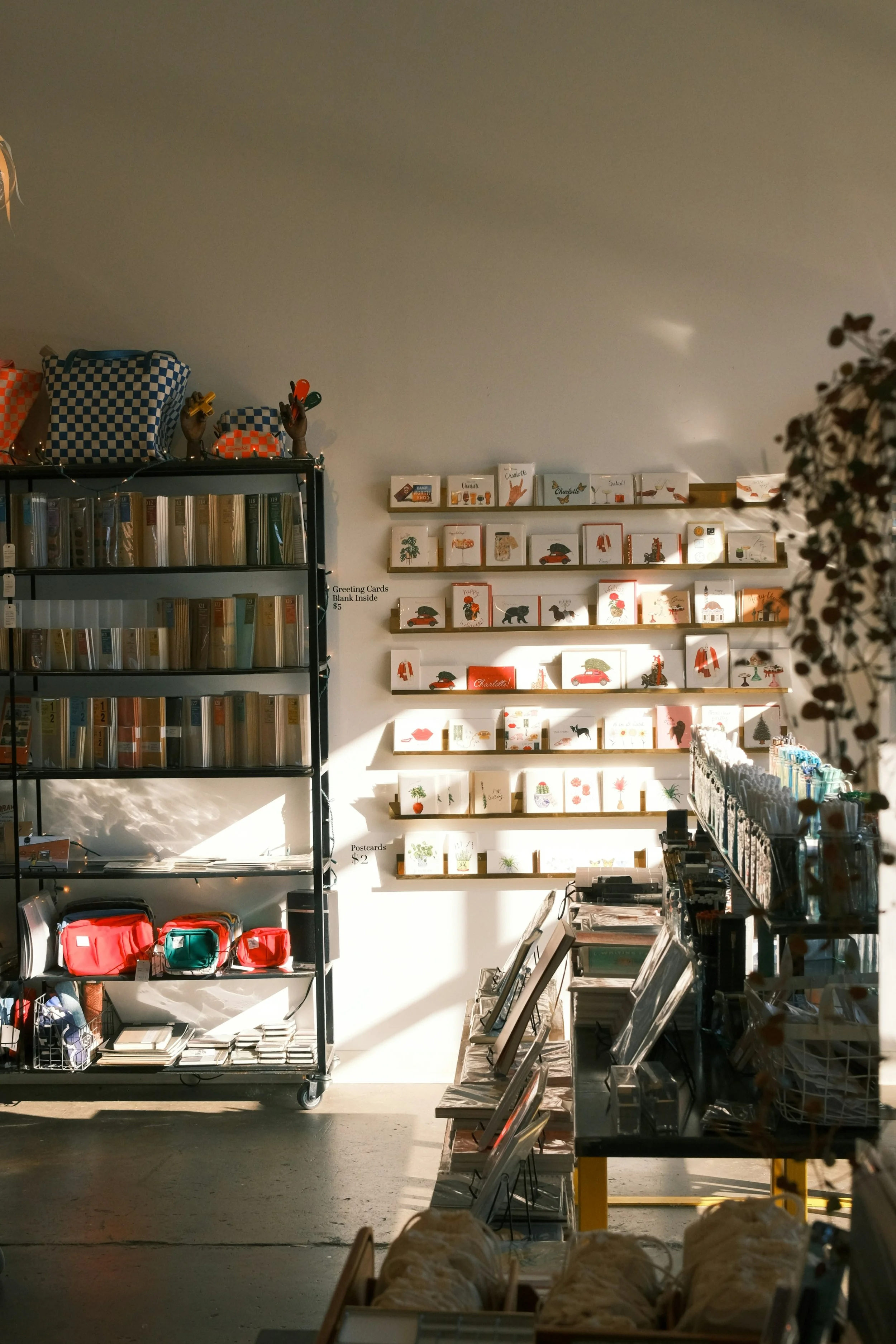 Retail interior with shelving, displayed products and natural light.