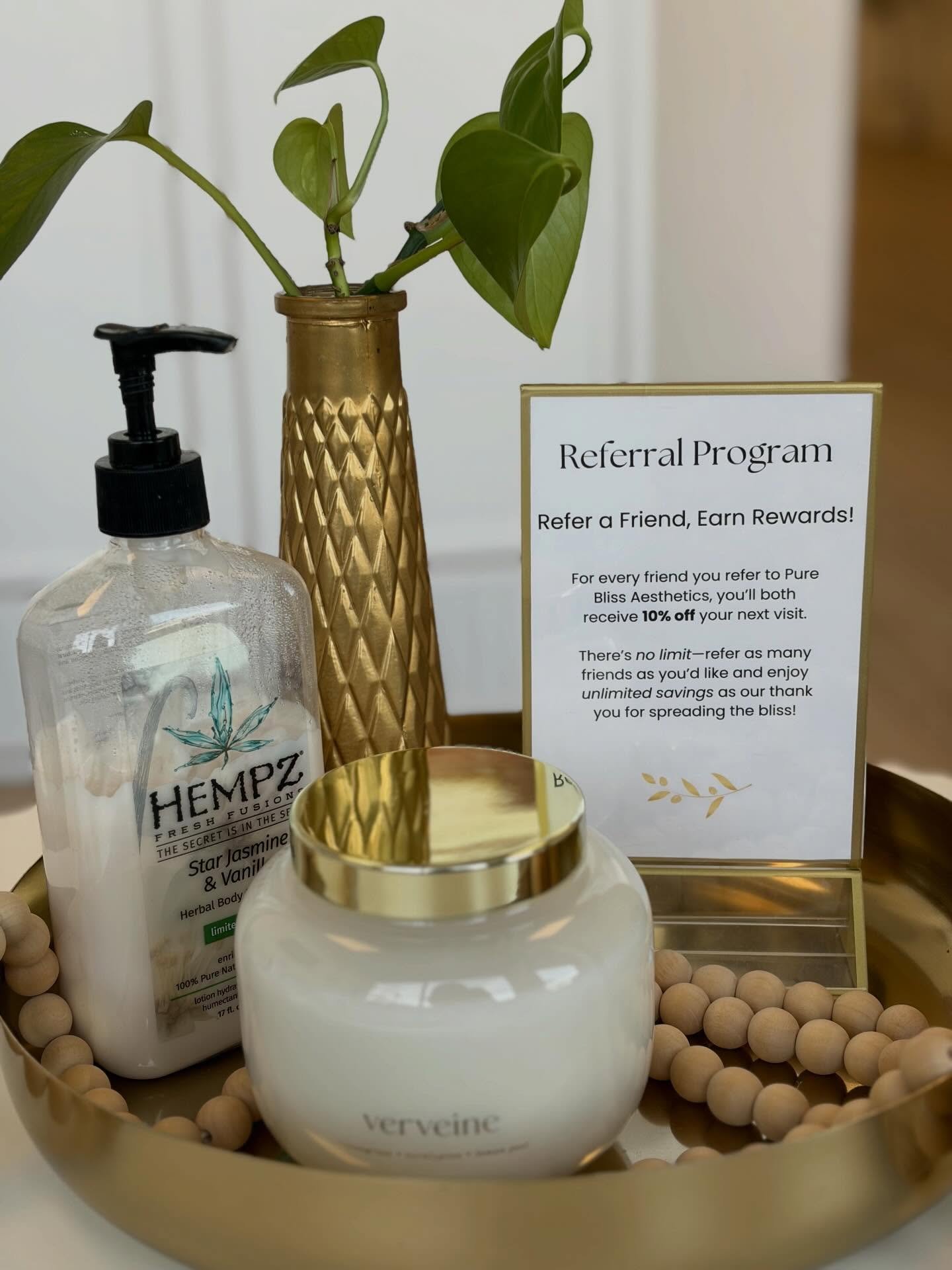 The best compliment is a referral 🤍

Our Referral Program is always running: when you refer a friend to Pure Bliss Aesthetics, you BOTH receive 10% off your next service ✨

Unlimited referrals, unlimited savings&mdash;because great skin is meant to 