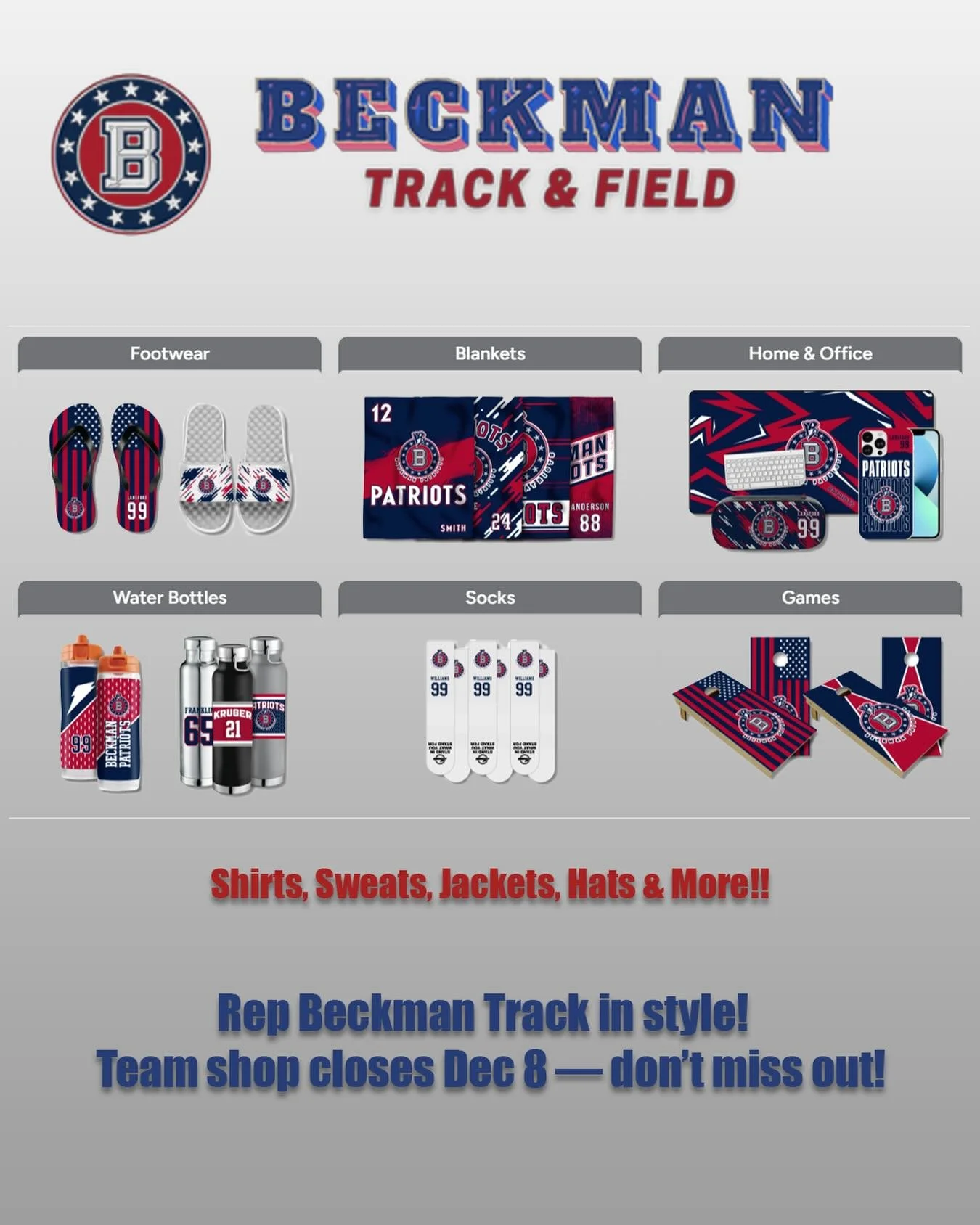 Beckman Track &amp; Field Team Shop is officially OPEN!
Grab your hoodies, tees, shorts, and all the gear you need to rep Patriot Track this season. Perfect for athletes, parents, and fans!

Shop closes: December 8

Make sure you&rsquo;ve got your ge