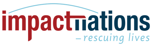 Logo of ImpactNations featuring a dark blue circle with white text that reads "impactNations" with a curved line above and "rescuing lives" below.