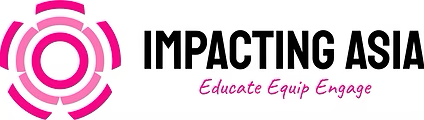 Logo for Impacting Asia with a pink circular graphic and white text: 'IMPACTING ASIA' and the tagline 'Educate Equip Engage' on a navy blue background.